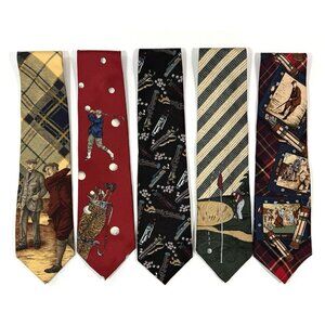 Vintage Silk Neckties Mens Golf Theme Variety Brands Patterns Prints Lot Of 5